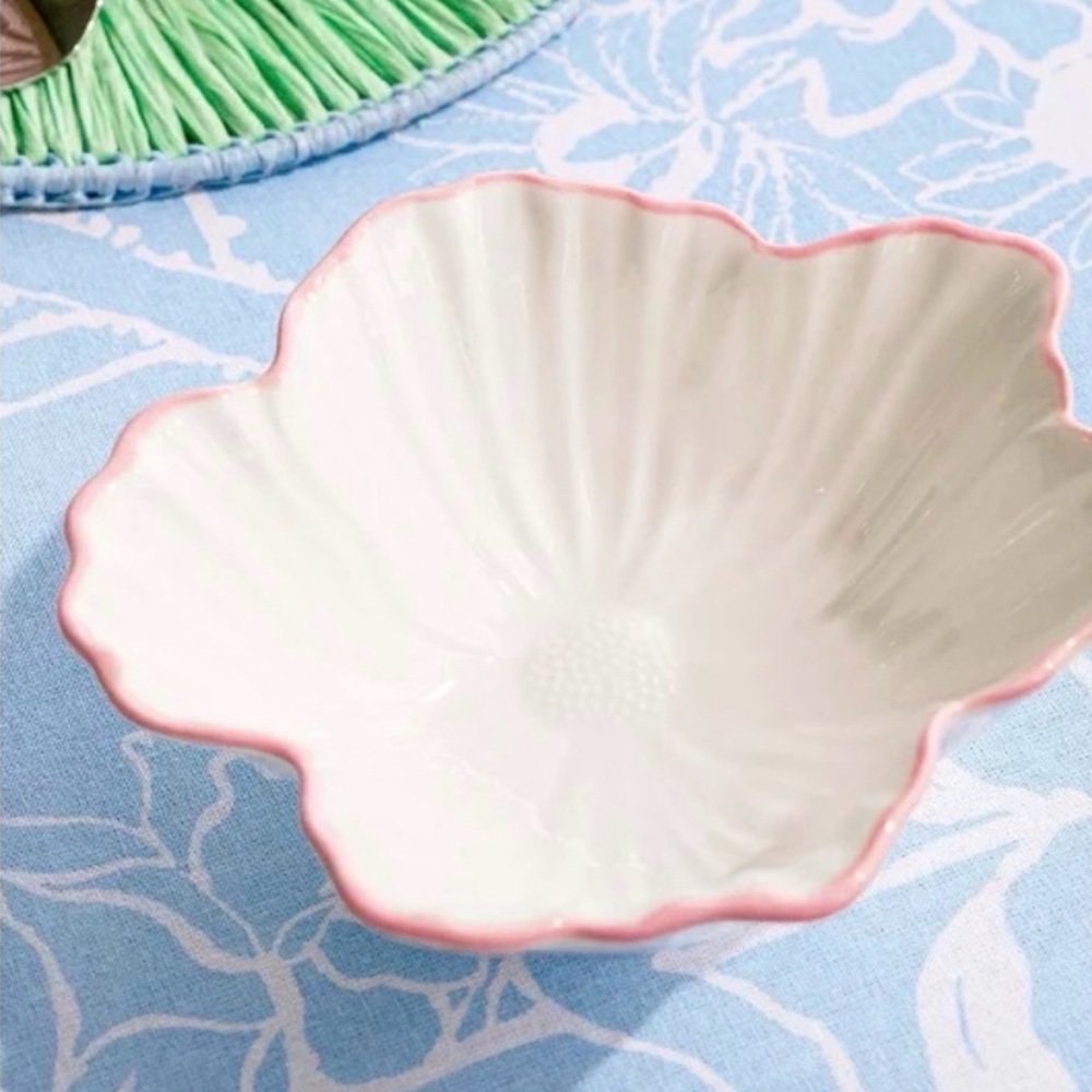 Lilly Pulitzer White Floral Ceramic Nesting Bowl and Dish with Pink & Mint Rims - Picture 2 of 12
